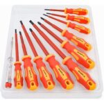 Elfteiliges Schraubendreher-Set Gunpla mit rot-gelben isolierten Griffen, Schlitz-, Kreuzschlitz- und Pozidriv-Klingen sowie Spannungsprüfer