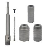 Silberfarbenes Bohrkronen-Set für Mauerwerk mit drei Kronen von 30, 40 und 50 mm, langem SDS-plus-Schaft, Zentrierbohrer und Sechskantschlüssel