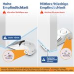 Drei weisse Türstopper-Alarme mit Edelstahlabdeckung, Empfindlichkeitsschalter und Ein-Aus-Schalter