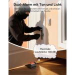 Zwei schwarze TECKNET Türstopper-Alarme mit geriffelter Keiloberseite und USB-C-Ladekabel