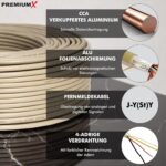Grauer Ring Fernmeldeleitung J-Y(ST)Y 2x2x0,6 von PremiumX mit 50 m, daneben ein abgemanteltes Ende mit vier Adern in Rot, Schwarz, Gelb und Weiss unter einem Alu-Folienschirm