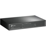 Schwarzer TP-Link TL-SG1008P PoE-Switch im flachen Metallgehäuse mit acht RJ45-Buchsen auf der Rückseite