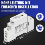 Weisses Hutschienen-Netzteil von Poppstar mit 18 mm Baubreite, Typenschild mit 12 V und 1,25 A, Einstellpotentiometer oben und Schraubklemmen N und L unten