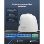 Schwarzer Reolink RLA-PS1 PoE-Switch im Metallgehäuse mit acht PoE-Buchsen und zwei blau markierten Uplink-Ports