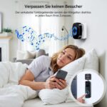 Schwarzer PHYSEN Steckdosen-Empfänger mit blau leuchtendem Ring und der zugehörige Funksender mit Anschlussleitung