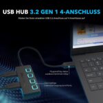 Schwarzer SABRENT USB-Hub mit vier USB-A-Anschlüssen, einzelnen Schaltern und blau markierten Ports.