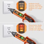 Orange-schwarzer Proster PST224 Spannungsprüfer in Stiftform mit Prüfspitze, LED-Anzeigen, Tasten und Taschenclip.