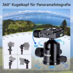 Schwarz-rotes Rollei Aluminiumstativ Compact Traveler No.2 XL mit Kugelkopf, horizontal ausgeklapptem Auslegearm und Smartphone-Halterung