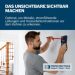 Blau-schwarzes Bosch Professional Ortungsgerät GMS 120-27 mit LCD-Display und roter Markierungsöffnung, daneben schwarze Schutztasche und zwei AA-Batterien