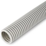 Graues flexibles Iso-Flexrohr EN25 als aufgerollter 50-Meter-Ring mit gewellter Oberfläche