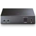 Schwarzer TP-Link TL-SG1005P PoE-Switch im Metallgehäuse mit fünf RJ45-Buchsen an der Front