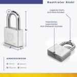 Silbernes Vorhängeschloss Magmaus PDL50 aus Edelstahl mit dickem Bügel und drei blauen Schlüsseln