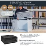 Schwarzer 19-Zoll-Netzwerkschrank HMF 65704-02 mit vier Höheneinheiten, Glastür und zwei Lüftungsöffnungen im Deckel