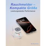 Fünf weisse Mini-Rauchmelder Heiman HS1SA mit rotem Testknopf, kreisförmig angeordnet, daneben ein Melder in einer Hand als Grössenvergleich