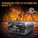 Graue SentrySafe Feuerschutzkassette CHW30220 mit geöffnetem Deckel, Organizer und Rohrschlüsselschloss