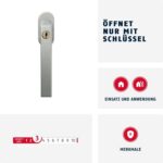Silberner abschliessbarer ABUS-Fenstergriff FG210 in flacher, schlanker Bauform mit Druckzylinder und Wendeschlüssel