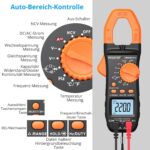 Orange-schwarze Proster Stromzange mit beleuchtetem LCD, geöffneten Messbacken, Messleitungen, Krokodilklemmen und Aufbewahrungstasche