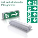 Weisse LED-Notleuchte aus Polykarbonat mit klarer Abdeckung und grünen Rettungszeichen-Aufklebern für die Aufputzmontage