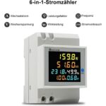 Weisser Hutschienen-Stromzähler KETOTEK D52-2047HD mit farbigem LC-Display, das Watt, Kilowattstunden, Spannung, Frequenz, Strom und Leistungsfaktor zeigt