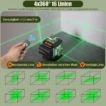 Grün-schwarzer Kreuzlinienlaser mit vier Austrittsfenstern auf Drehsockel, daneben Hartschalenkoffer, zwei Wechselakkus, Fernbedienung, Magnethalter und Mini-Stativ
