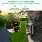 Wildkamera GardePro E8 im Tarnmuster mit Antenne, daneben ein Smartphone mit dem Livebild der Kamera