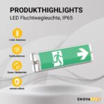 Weisse LED-Fluchtwegleuchte aus Polykarbonat mit grünem Rettungszeichen und weissem Richtungspfeil für die Wandmontage