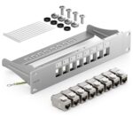 Graues 10-Zoll-Patchpanel von deleyCON mit acht RJ45-Keystone-Modulen und Erdungslitze