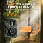 Solar-Wildkamera MAXDONE PH970S mit aufgesetztem Solarpanel, Objektiv und Infrarot-LEDs, Gehäuse im Tarnmuster