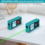 Türkisfarbener Kiprim LD100 Laser-Entfernungsmesser mit grossem LC-Display, grünem Laserstrahl und USB-C-Ladekabel