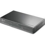 Schwarzer TP-Link TL-SG1008P PoE-Switch im flachen Metallgehäuse mit acht RJ45-Buchsen auf der Rückseite