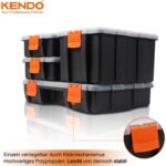 Vier schwarze KENDO Sortierboxen mit orangen Innenfächern und transparenten Deckeln, gestapelt