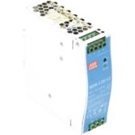 MEAN WELL NDR-120-12 Hutschienennetzteil mit weissem Metallgehäuse, blauem Typenschild, Schraubklemmen und Potentiometer für die Ausgangsspannung