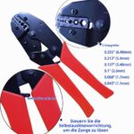 BNC-Ratschen-Crimpzange mit blauem Zangenkopf und roten Griffen, graues Abisolierwerkzeug, dunkle Wechselbacke und zehn vernickelte BNC-Crimpstecker für RG58-Koaxialkabel