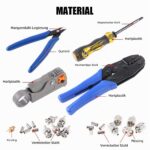Blaue Ratschen-Crimpzange, Koaxial-Abisolierzange, Seitenschneider, Schraubendreher und zehn BNC- und UHF-Crimpstecker aus dem Koaxial-Werkzeugset