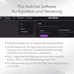 Schwarzer Netgear GS308EP PoE-Switch im Metallgehäuse mit acht RJ45-Buchsen und grünen Status-LEDs