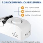 Drei weisse Türstopper-Alarme mit Edelstahlabdeckung, Empfindlichkeitsschalter und Ein-Aus-Schalter