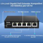 Schwarzer PoE-Extender YuanLey YS-040190PE im Metallgehäuse mit fünf RJ45-Ports und LED-Anzeigen