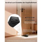 Zwei schwarze TECKNET Türstopper-Alarme mit geriffelter Keiloberseite und USB-C-Ladekabel