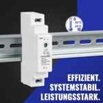 Weisses Hutschienen-Netzteil von Poppstar mit 18 mm Baubreite, Typenschild mit 12 V und 1,25 A, Einstellpotentiometer oben und Schraubklemmen N und L unten