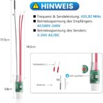 Schwarzer Steckdosen-Empfänger mit blau beleuchtetem Ring und Euro-Stecker, daneben der kleine Funkkonverter mit Antenne und rot-weissen Anschlussdrähten