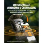 Wildkamera CEYOMUR CY75 im Tarnmuster mit Solarpanel auf dem Deckel, daneben USB-Kabel, Speicherkarte und Befestigungsgurt