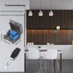Schwarzes Kunststoffgehäuse mit Funkempfängerplatine, blauem Relais und Schraubklemmen, daneben schwarzer Handsender mit ON- und OFF-Taste