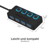 Schwarzer SABRENT USB-Hub mit vier USB-A-Anschlüssen, einzelnen Schaltern und blau markierten Ports.