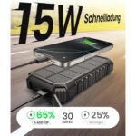 Schwarze A ADDTOP Solar-Powerbank mit ausklappbaren Solarpanels, USB-Anschlüssen und integrierter LED-Leuchte.