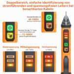 Orange-schwarzer Proster PST224 Spannungsprüfer in Stiftform mit Prüfspitze, LED-Anzeigen, Tasten und Taschenclip.
