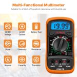 Gelb-schwarzes ULTRICS Digitalmultimeter mit Messleitungen, Batterie und beleuchtetem Display.