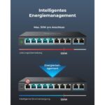 Schwarzer Reolink RLA-PS1 PoE-Switch im Metallgehäuse mit acht PoE-Buchsen und zwei blau markierten Uplink-Ports