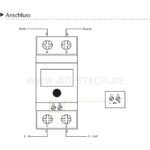 Weisser einphasiger Hutschienenzähler B+G E-Tech DRS255BC mit blau beleuchtetem LC-Display, rotem Wahlknopf und Typenschild 230 V, 5(50) A