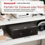 Schwarze Honeywell Dokumentenkassette 6104 aus Stahl mit Tragegriff und Schlüsselschloss, Deckel geöffnet