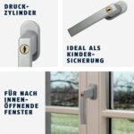 Silberner abschliessbarer ABUS-Fenstergriff FG210 in flacher, schlanker Bauform mit Druckzylinder und Wendeschlüssel